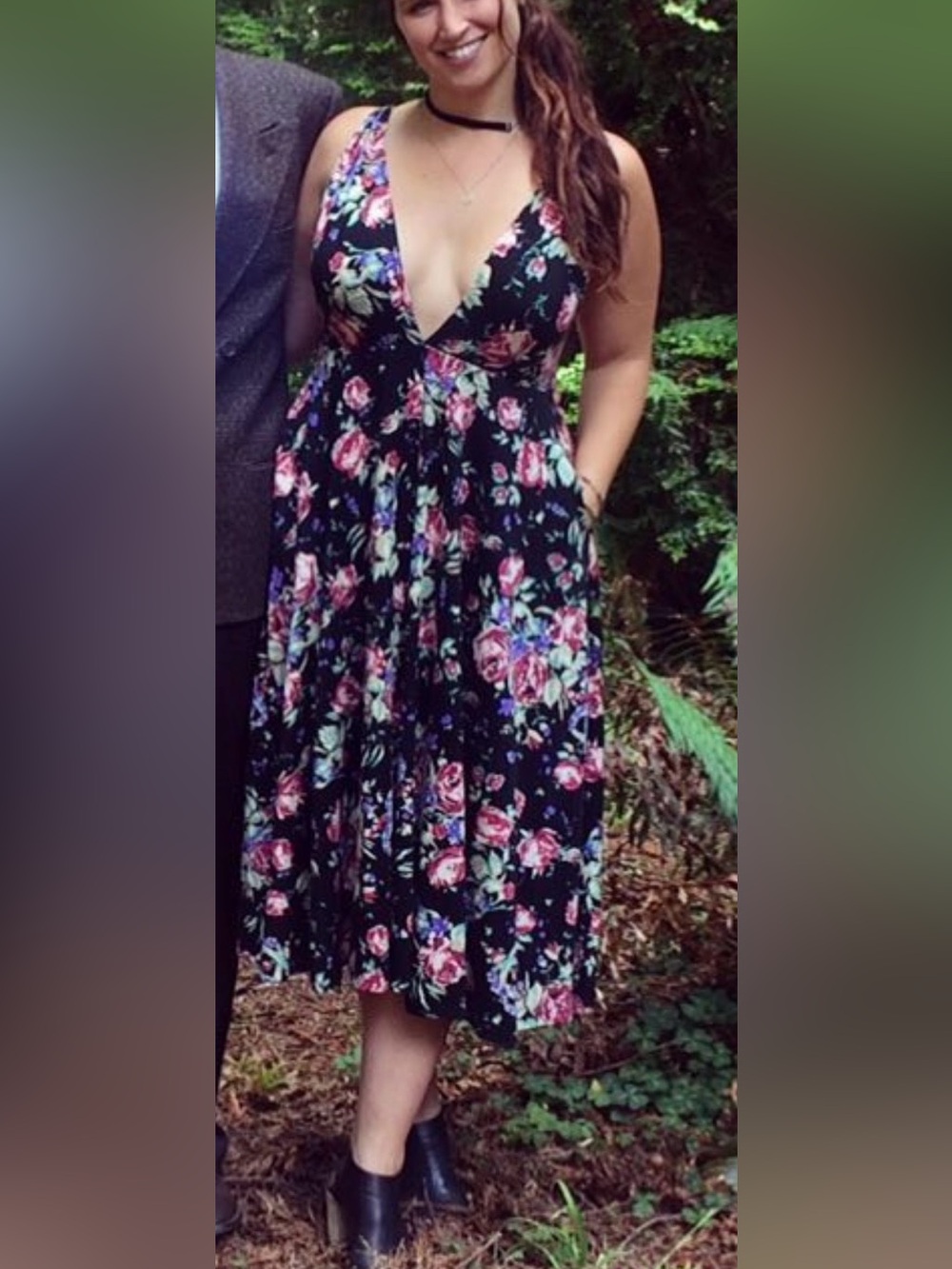Reformation Floral Deep V Black Midi Dress